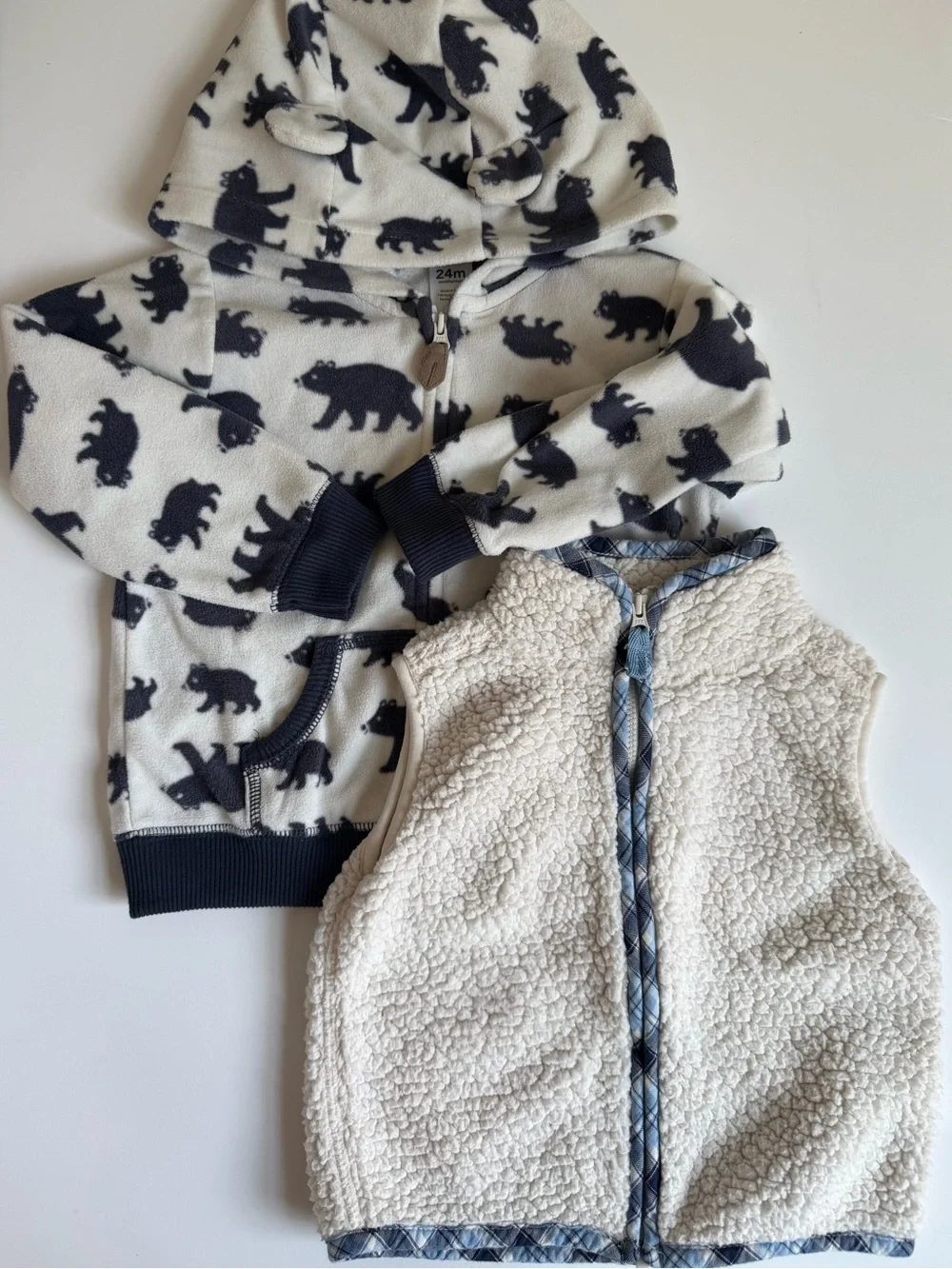 3/$21 | Carter's Navy Bear Print Hooded Fleece Jacket and Cream Sherpa Vest